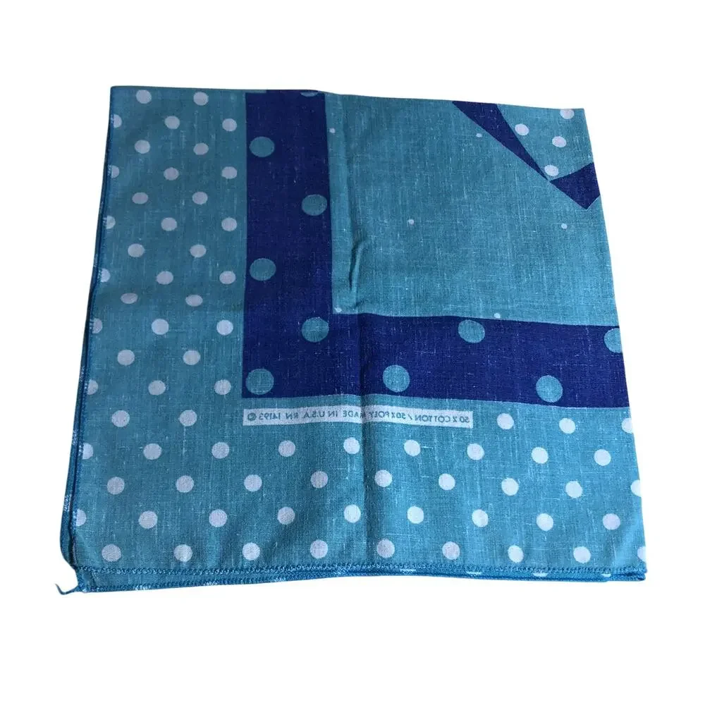 Vintage Blue Cotton Poly Blend Geometric Polkadot Square Handkerchief